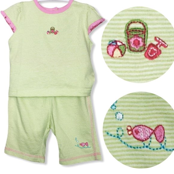 🍍12Mo NWT Agabang Green/White Striped Set w Pink - Picture 1 of 9